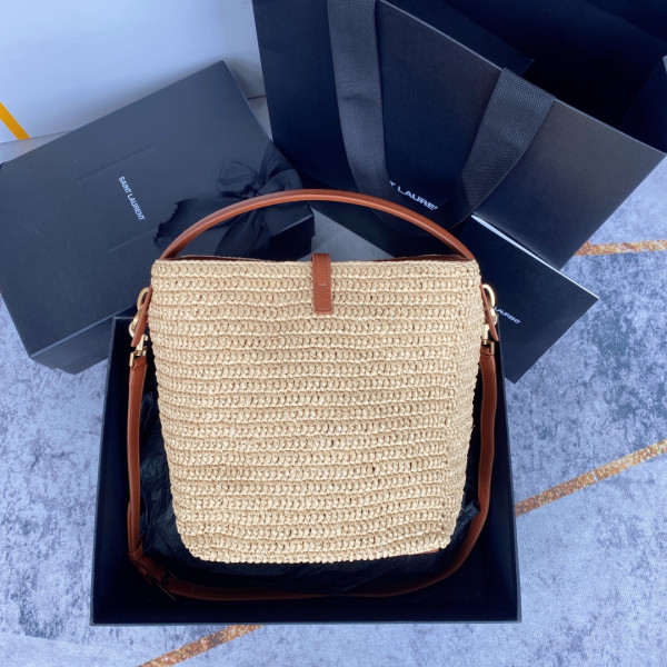 Y*L le 37 leather-trimmed raffia bucket bag-20*25*16cm