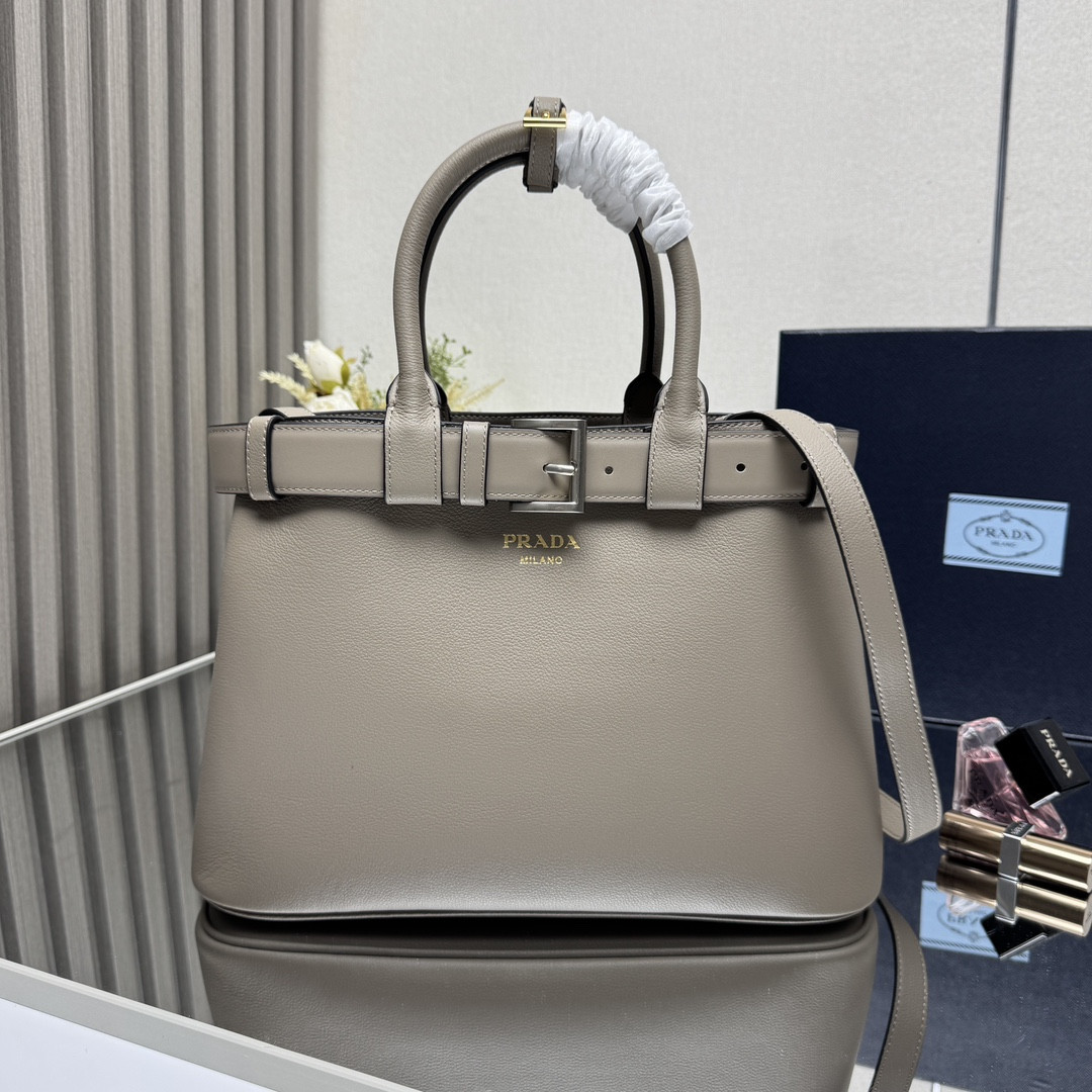 Pra*a buckle large leather handbag with belt-32*23*11cm